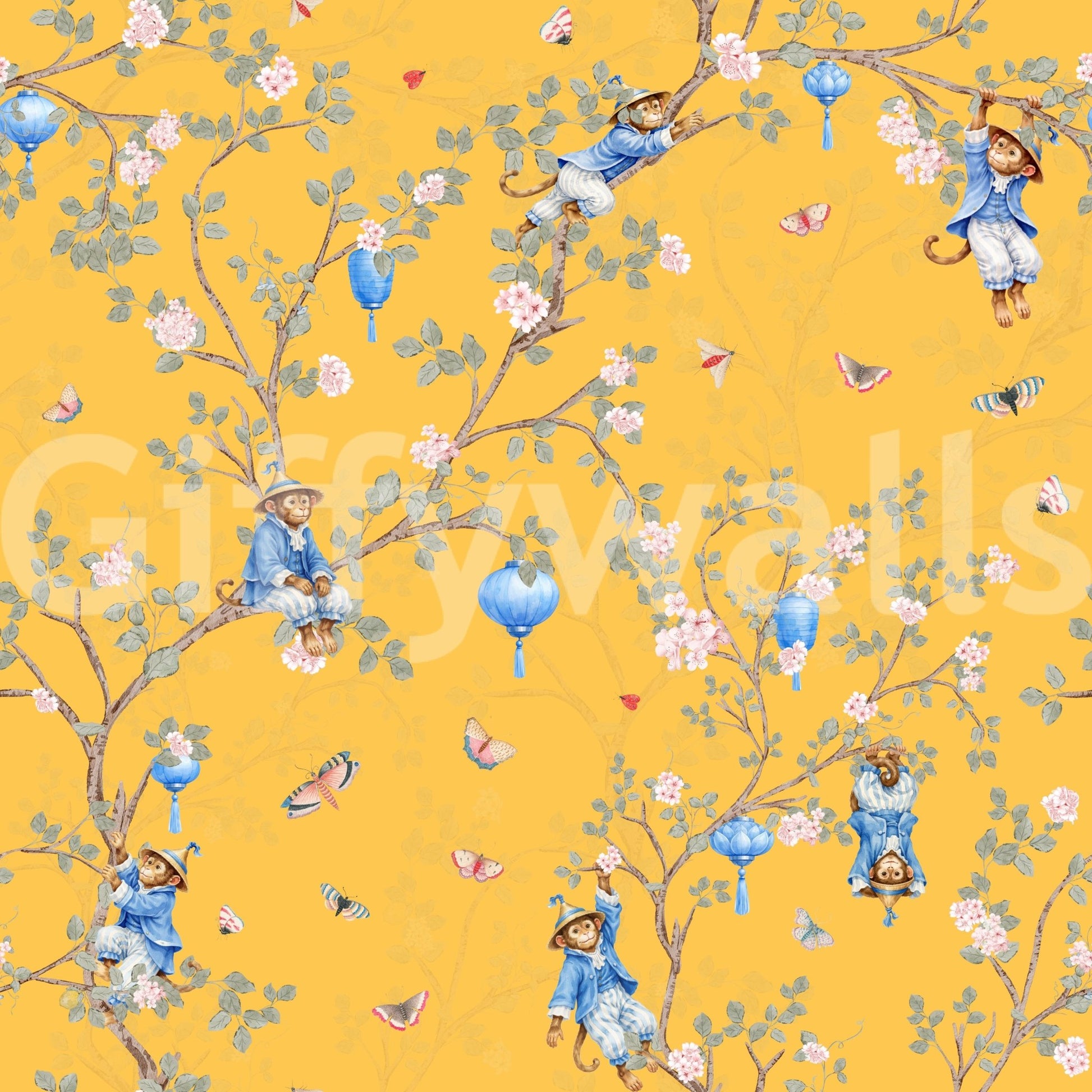 Vintage Rococo Chinoiserie Asian Lanterns with Monkeys and Sakura Flowers yellow Wallpaper⁠