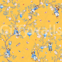 Vintage Rococo Chinoiserie Asian Lanterns with Monkeys and Sakura Flowers yellow Wallpaper⁠
