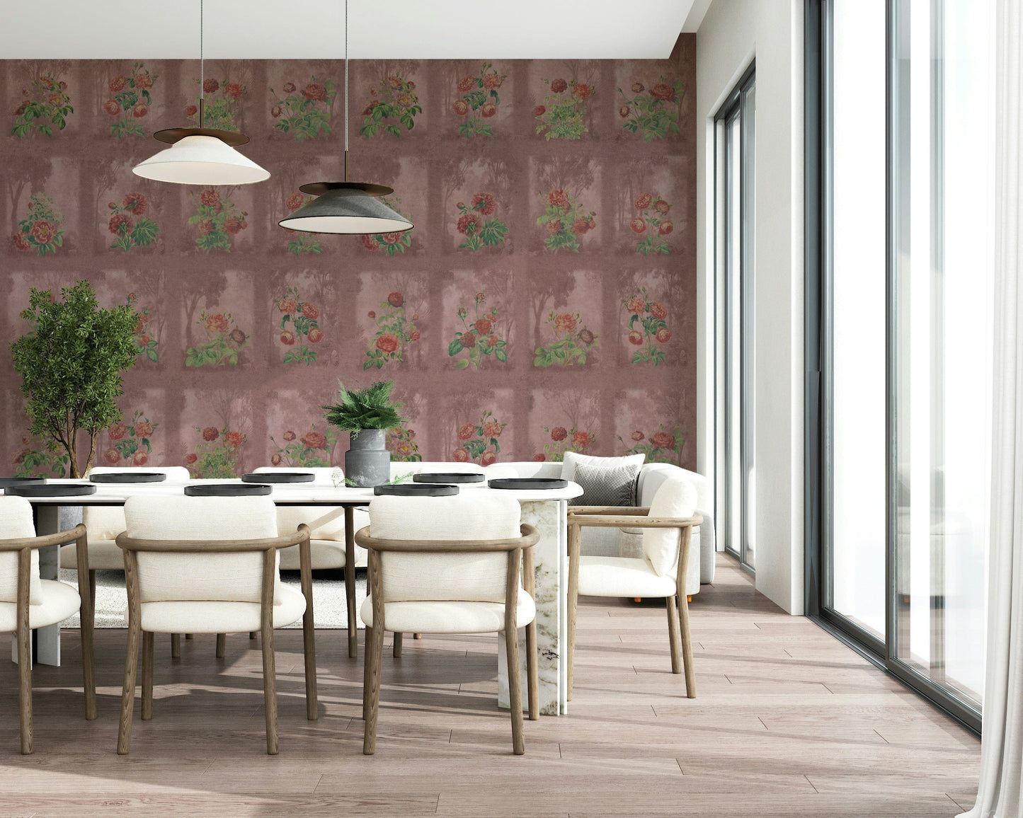 Calming floral garden wallpaper for a guest bedroom apartment suite.