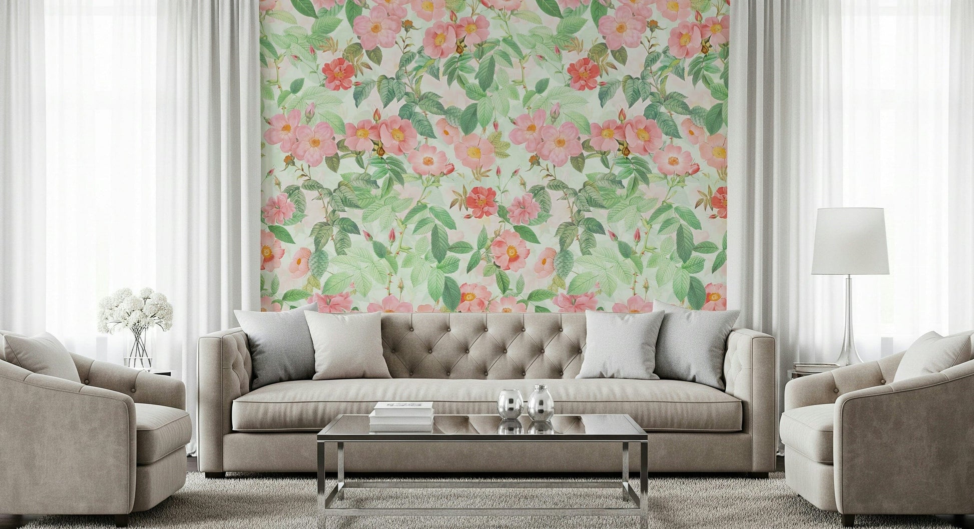 Antique Rose Garden Wall Mural – Timeless design of blooming roses inspired by Redouté’s iconic botanical prints.