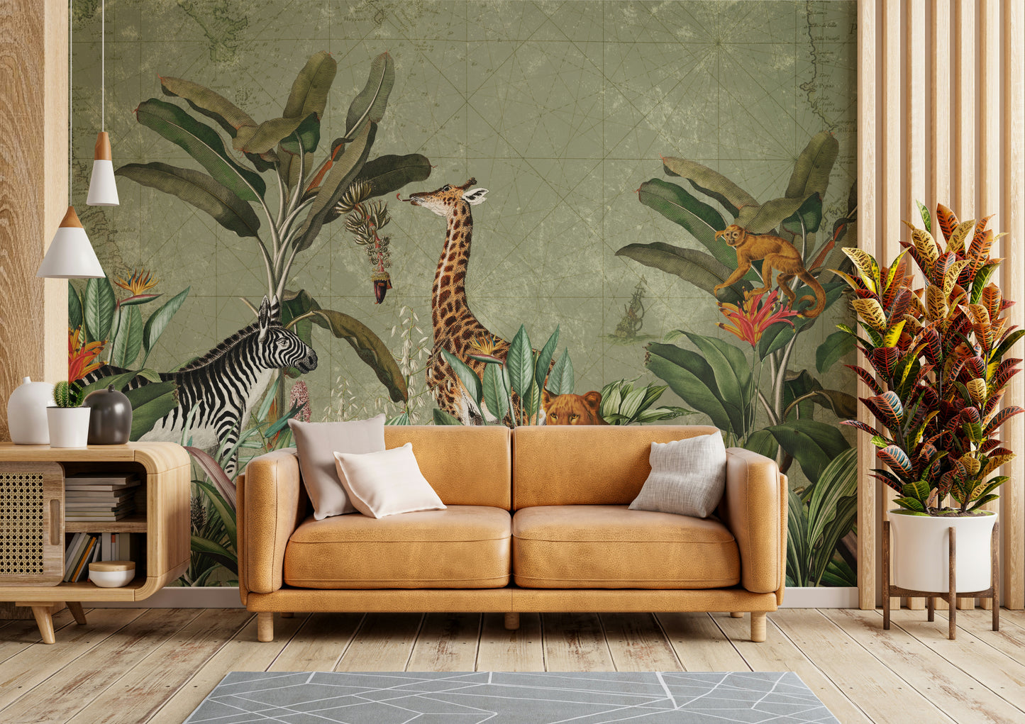 Safari mural wallpaper with a timeless vintage design.

