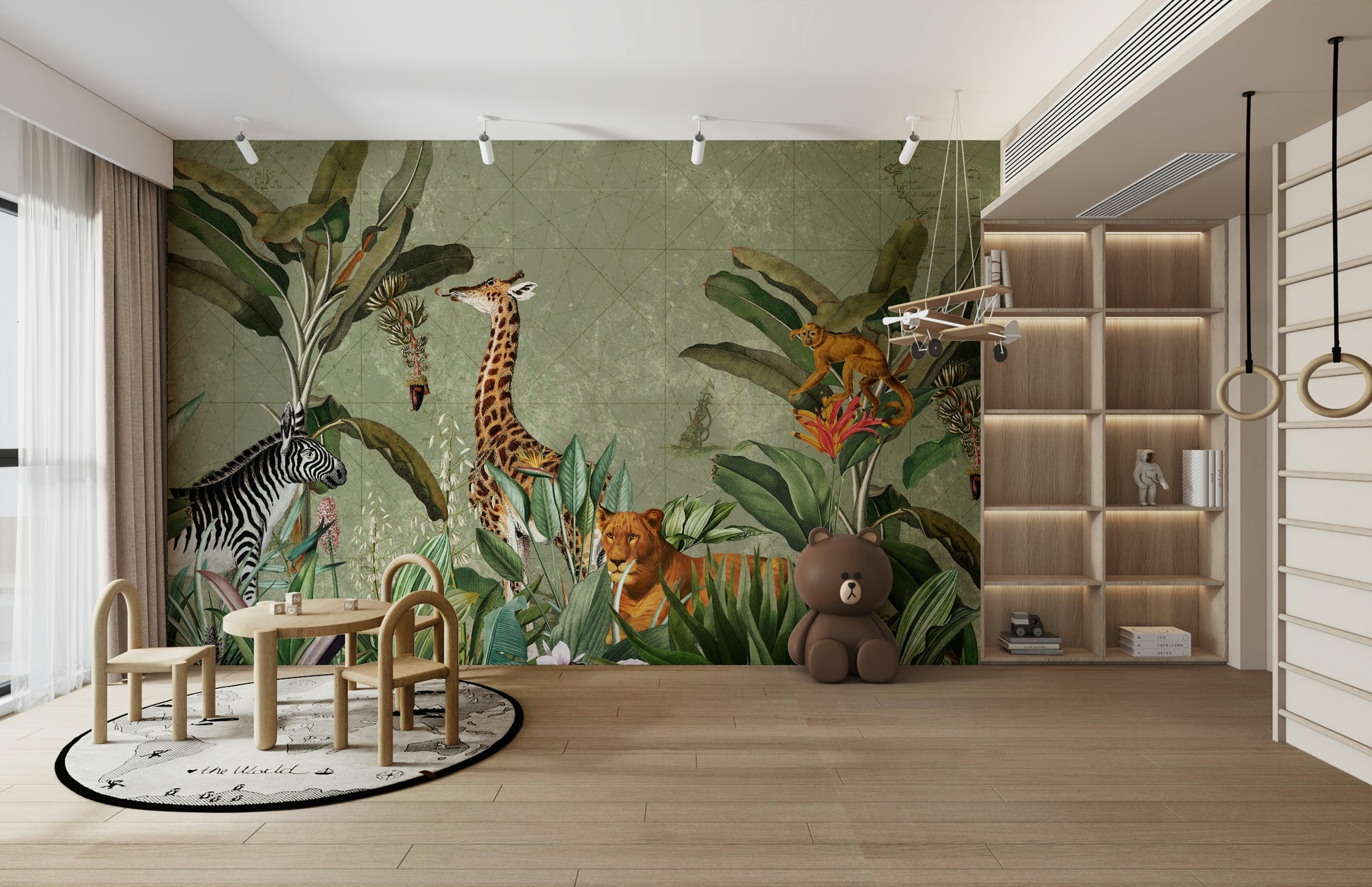 Vintage safari expedition mural for adventurous home décor.

