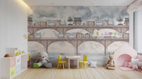Steam train wall mural with bridges and river scene
