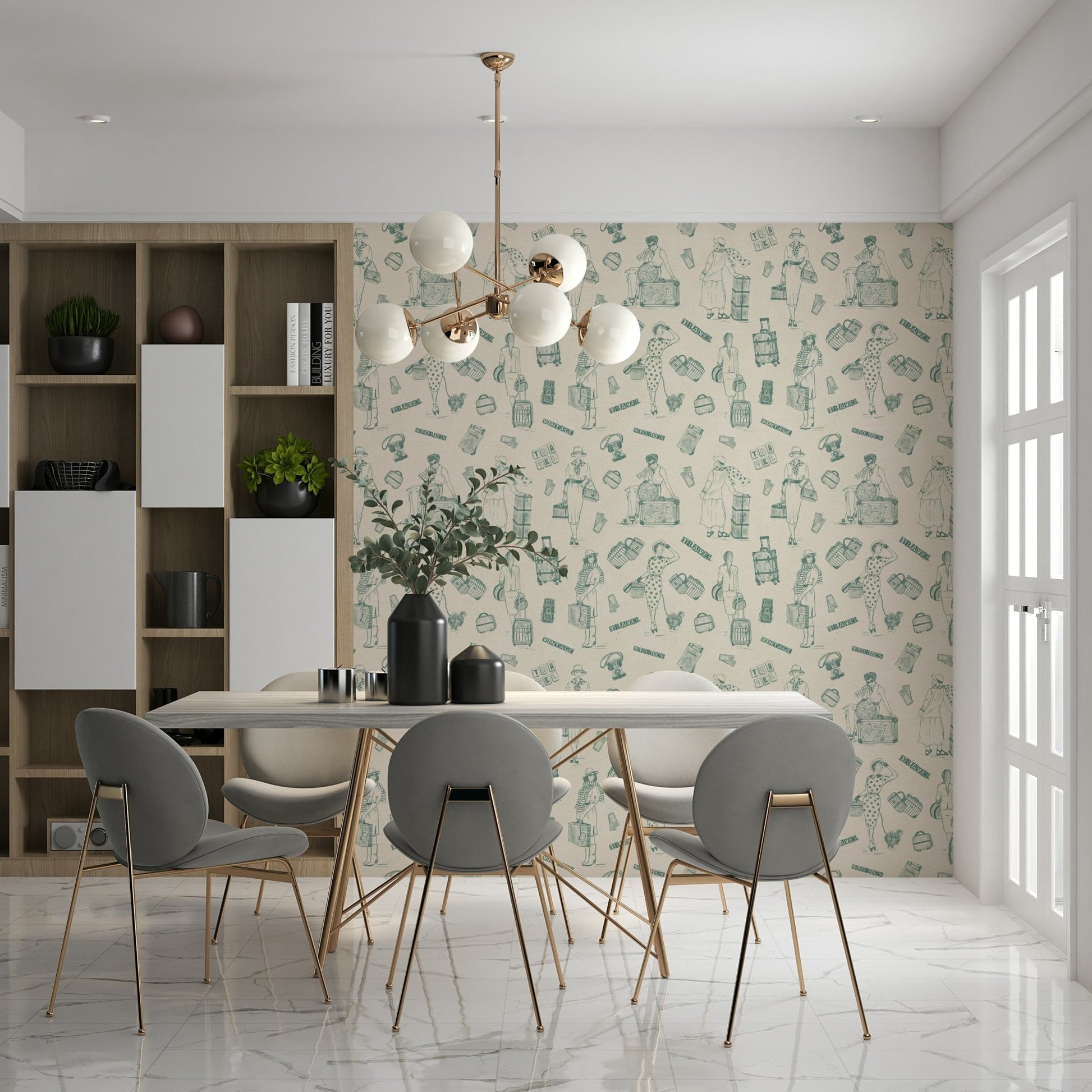 Antique-style travelogue wallpaper with postcard-inspired sketches.