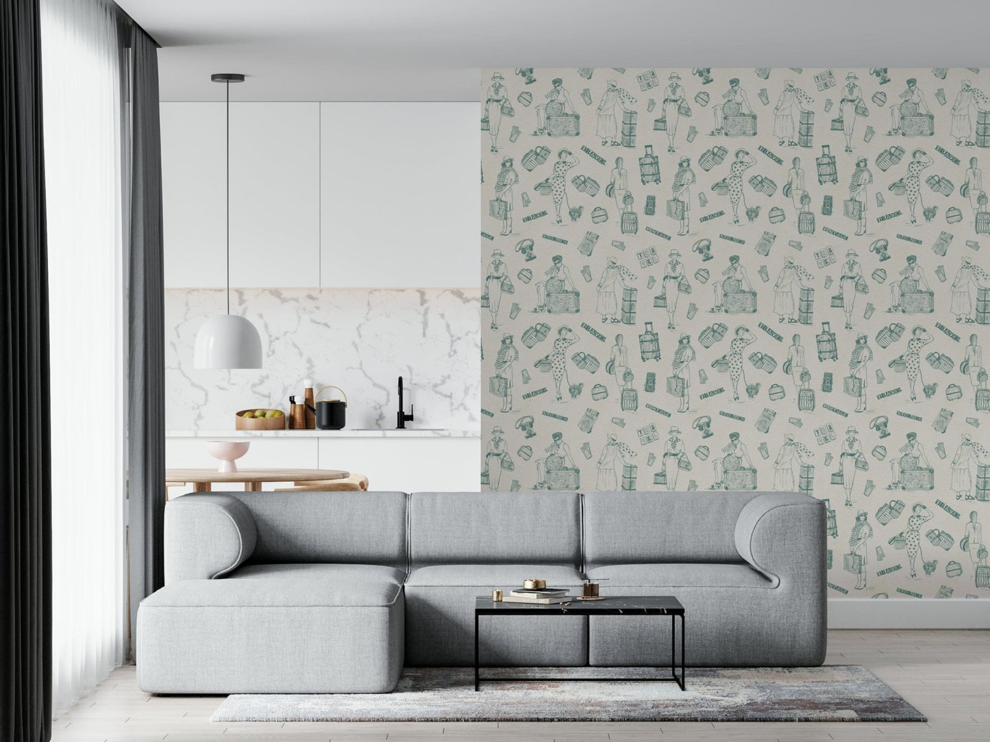Classic travel diary–inspired wallpaper mural featuring landmarks and notes.