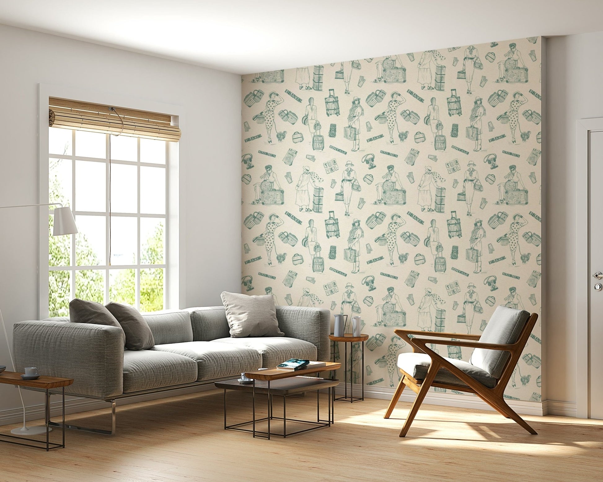 Vintage travelogue wallpaper featuring hand-drawn maps and classic landmarks.
