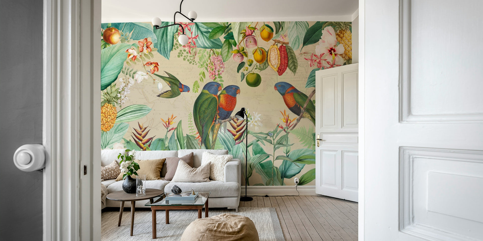 Tropical foliage and flowers in a vintage, nature-filled mural

