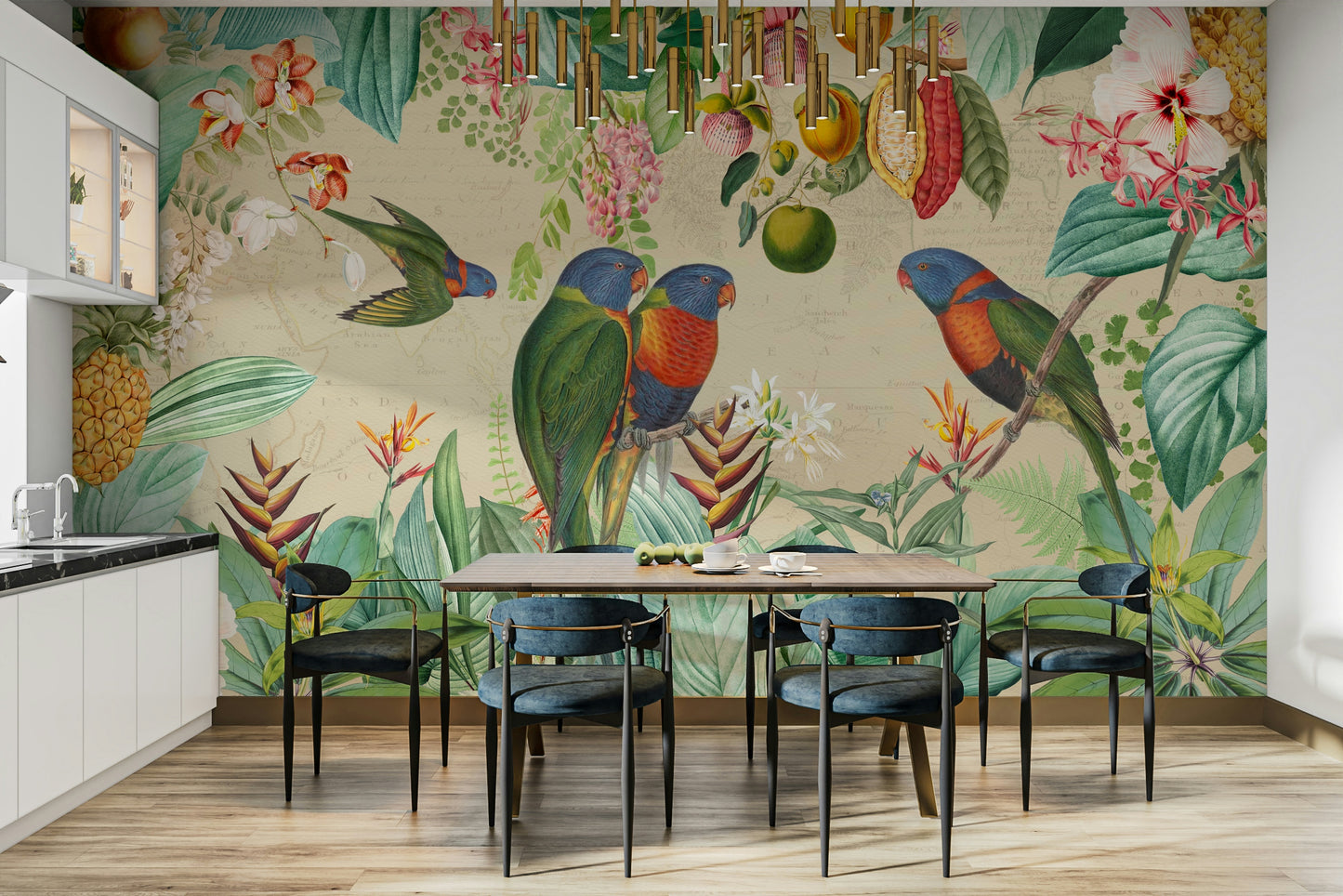 Tropical wall mural with vintage charm and lush greenery

