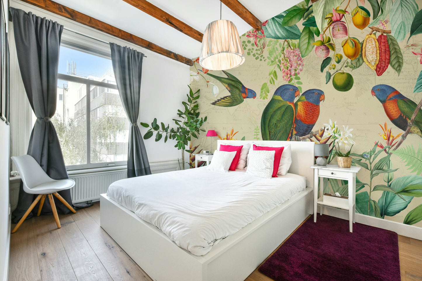 Lush green plants and exotic flowers in vintage tropical mural

