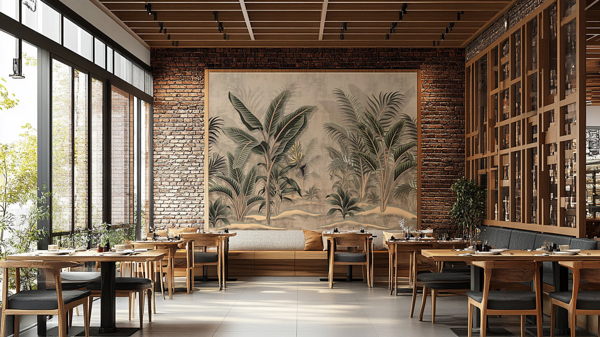 Minimalist vintage tropical palms wallpaper for refined decor.