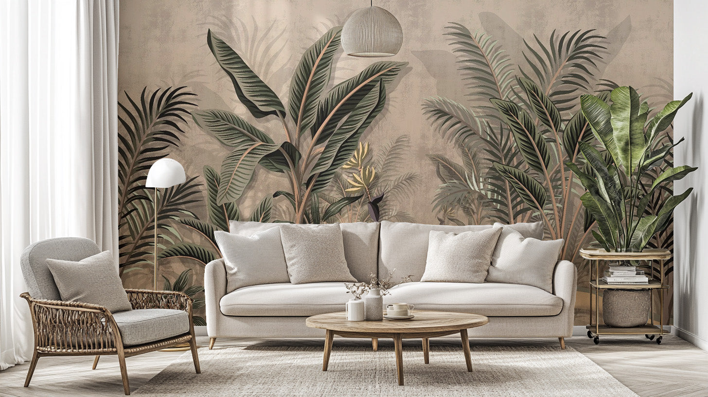 Bold tropical palms mural featuring a vintage-inspired design.