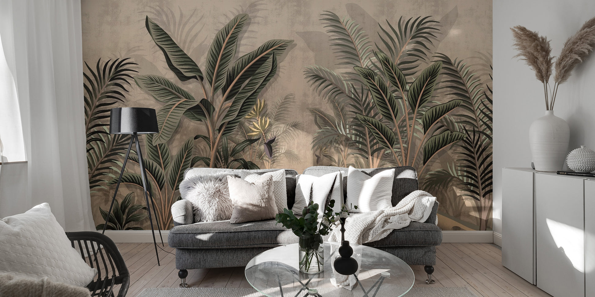 Vintage-inspired wallpaper featuring lush tropical palm designs.