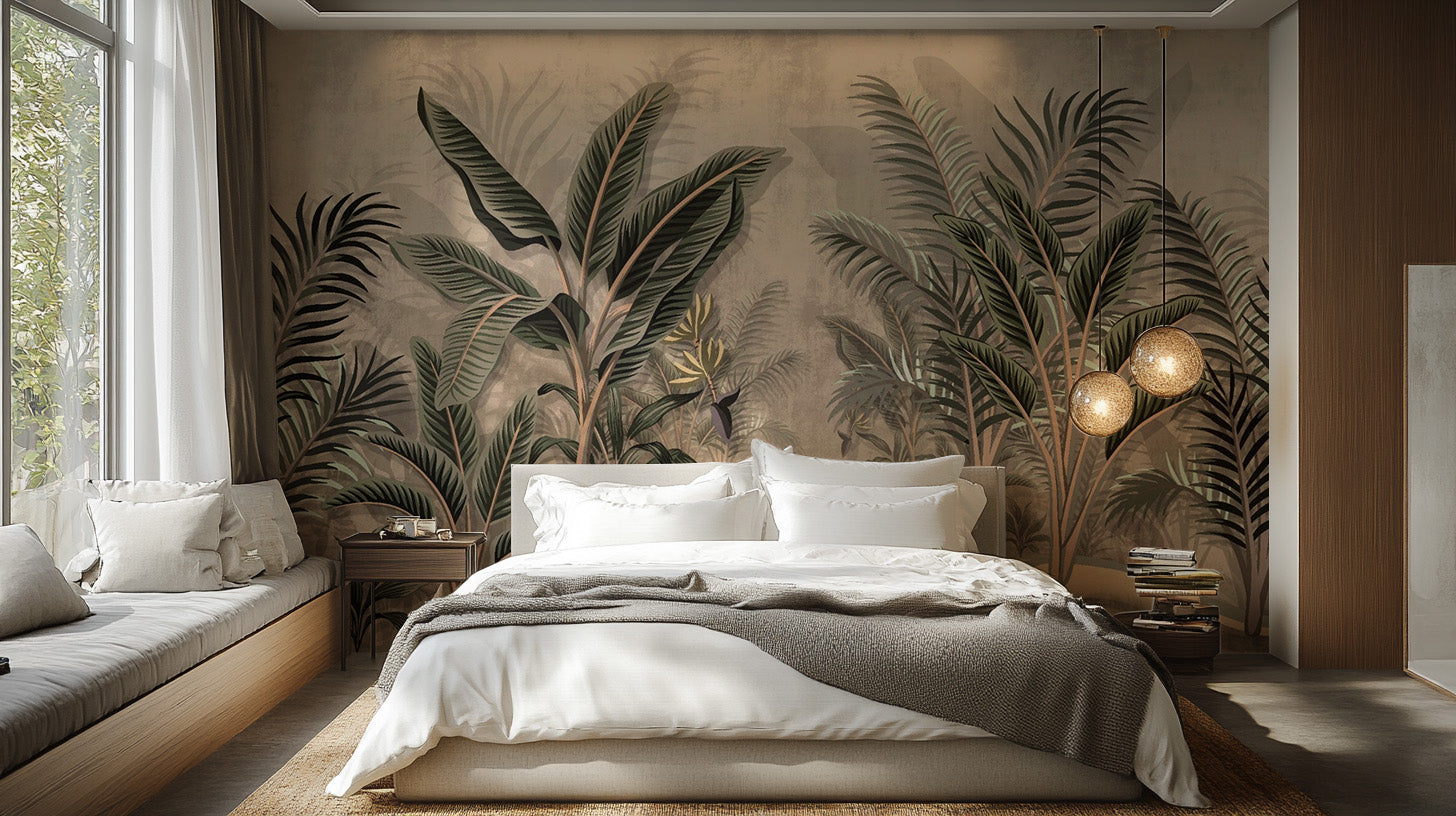 Elegant vintage tropical palms wallpaper mural with classic vibes.