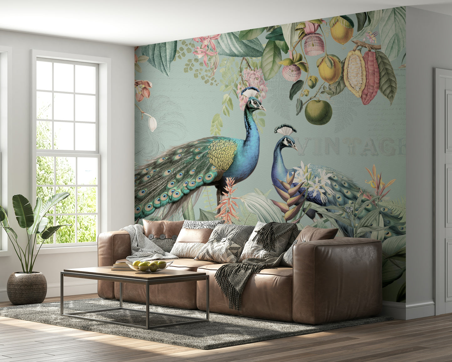 Exotic wallpaper mural with vintage tropical plants and flowers

