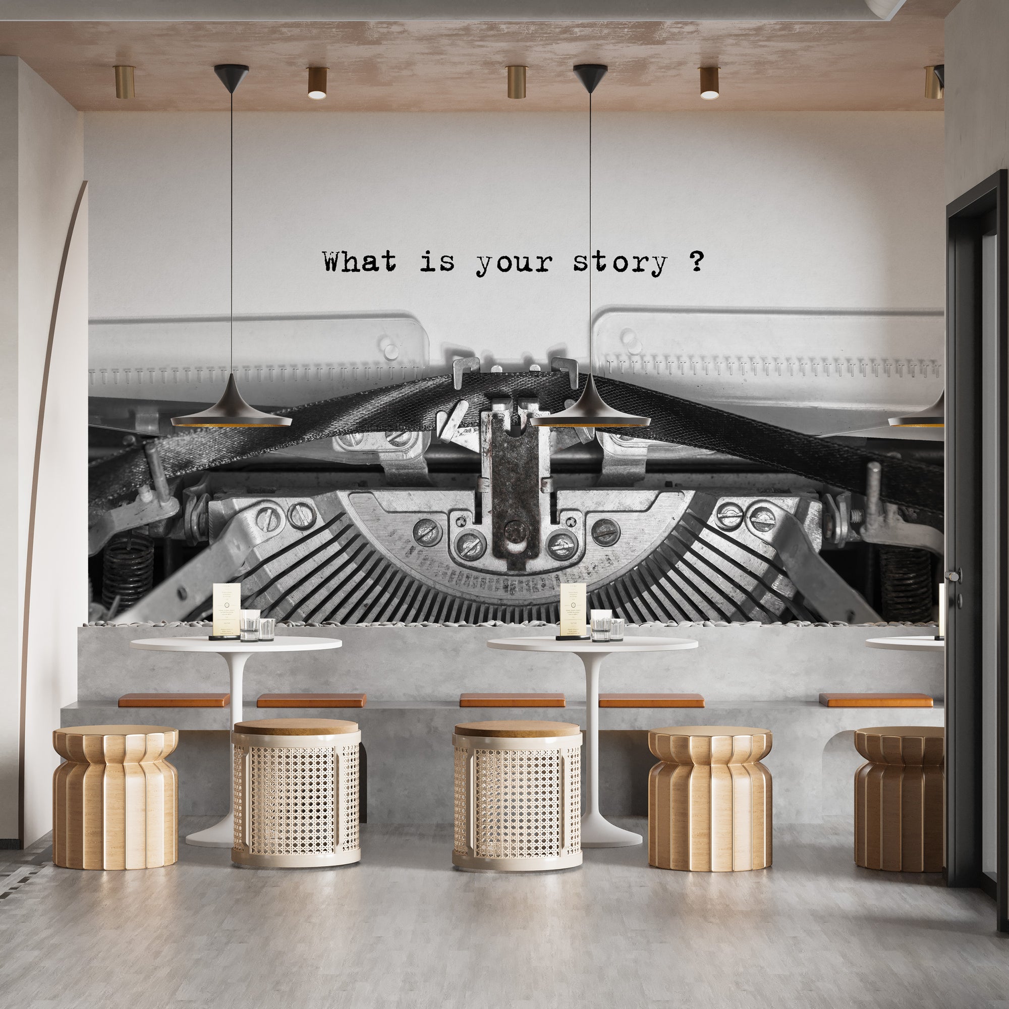 Vintage Typewriter Quote wallpaper mural reading What is your story above cafe tables and rattan stools