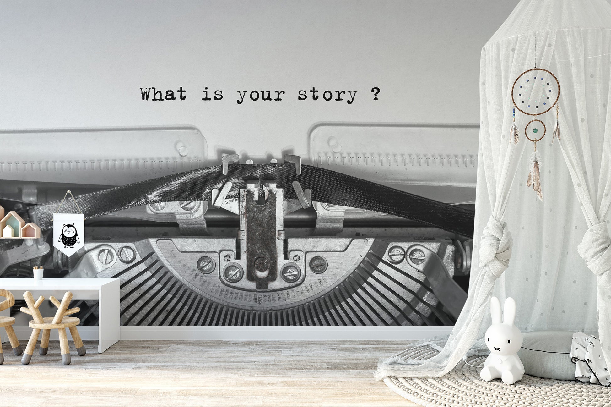 Vintage Typewriter Quote wallpaper mural reading What is your story in a nursery with a white canopy and bunny