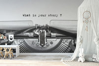 Vintage Typewriter Quote wallpaper mural reading What is your story in a nursery with a white canopy and bunny