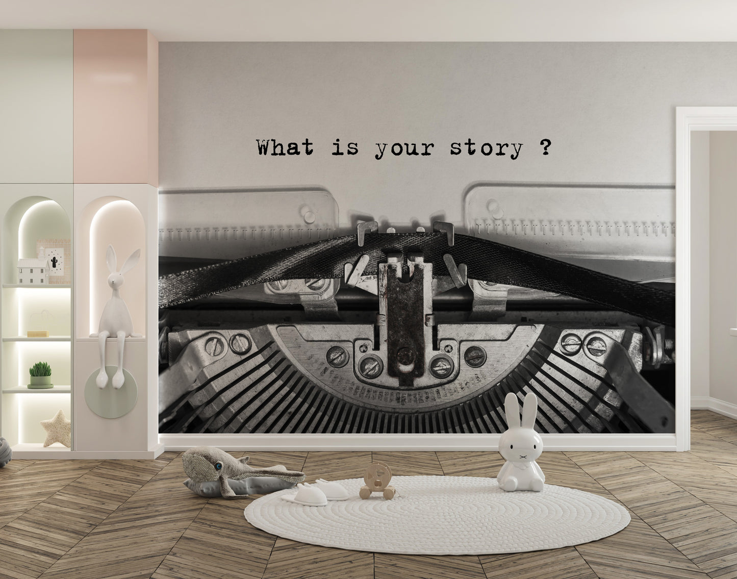 Vintage Typewriter Quote wallpaper mural in black and white in a kids room with lit niche shelves and bunny toys