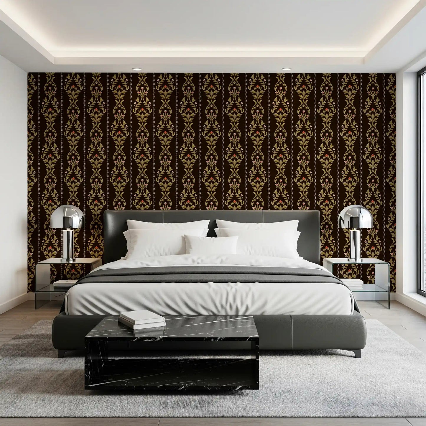 Subtle floral vine wallpaper in bedroom with cream and sage color details
