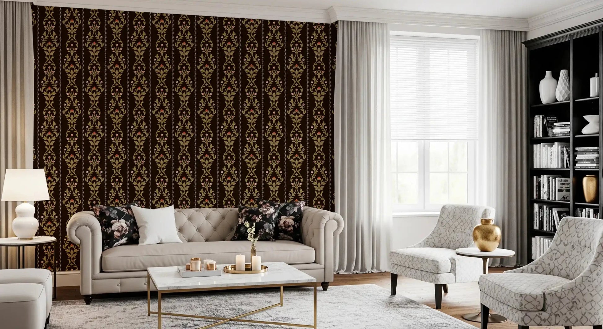 Neutral Vintage Vine wallpaper on living rooms feature wall with soft beige tones
