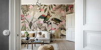 Tropical rainforest mural with vintage design and wildlife

