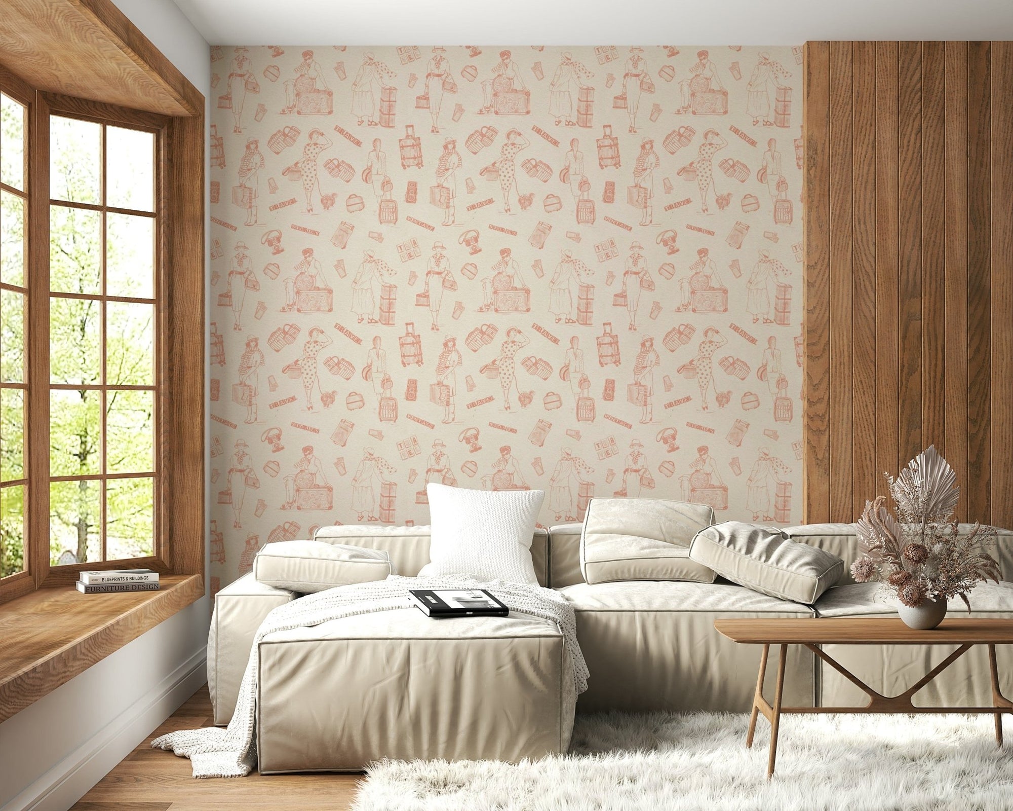 Repeating vintage voyage wallpaper with illustrated travel icons and suitcase motifs.