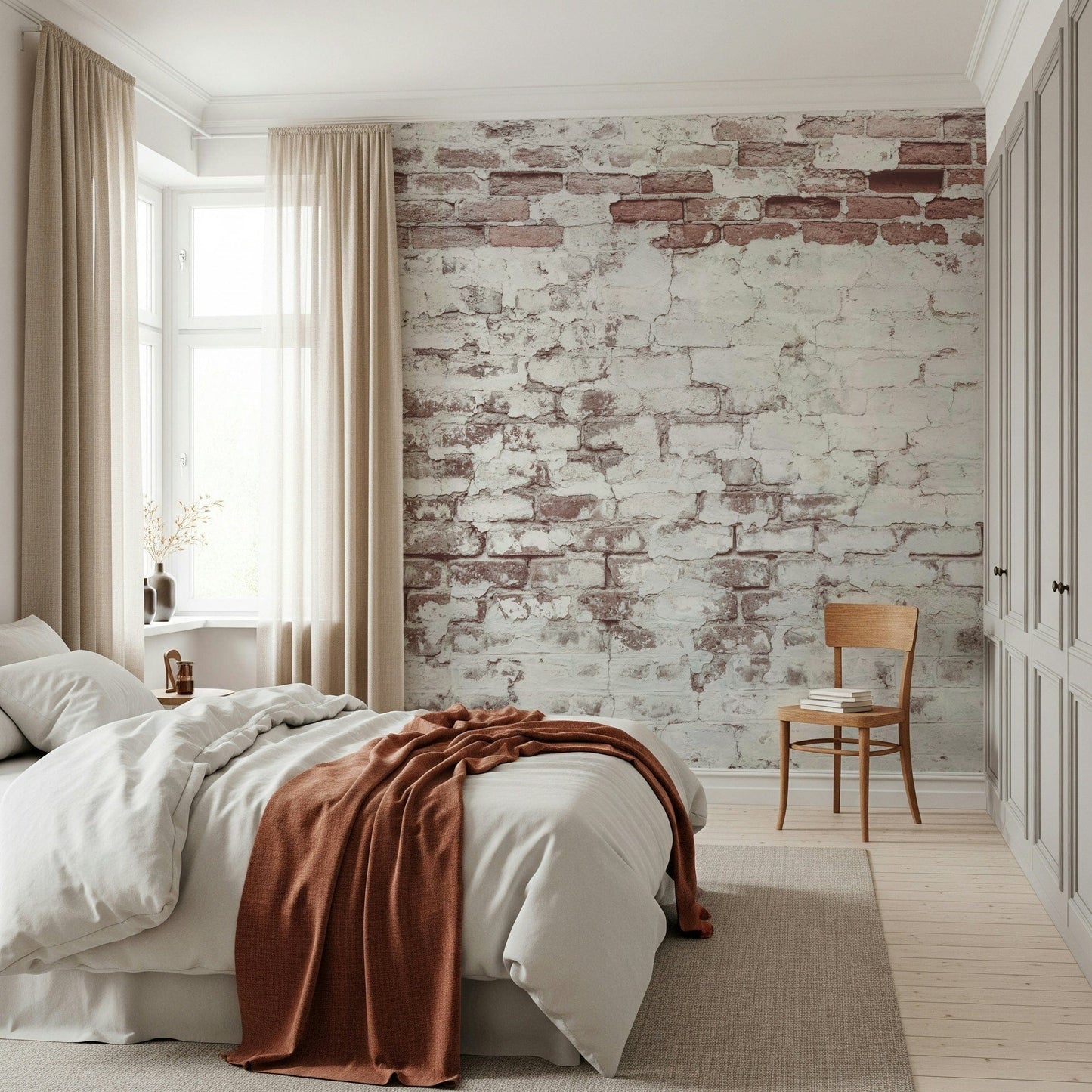 Textured wall mural with washed, vintage brick patterns creating a warm and inviting accent wall.