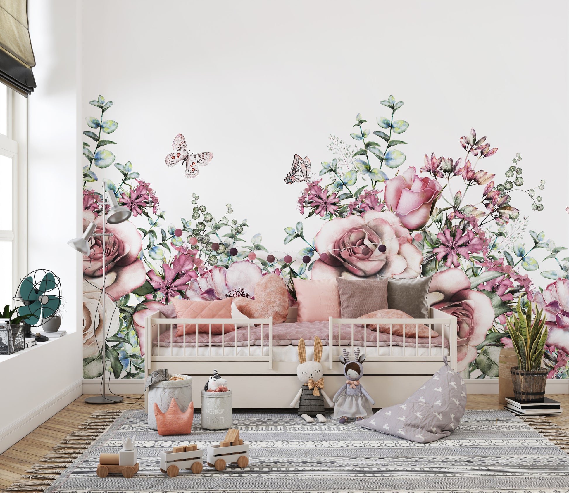 Watercolor floral design featuring pastel pink roses.