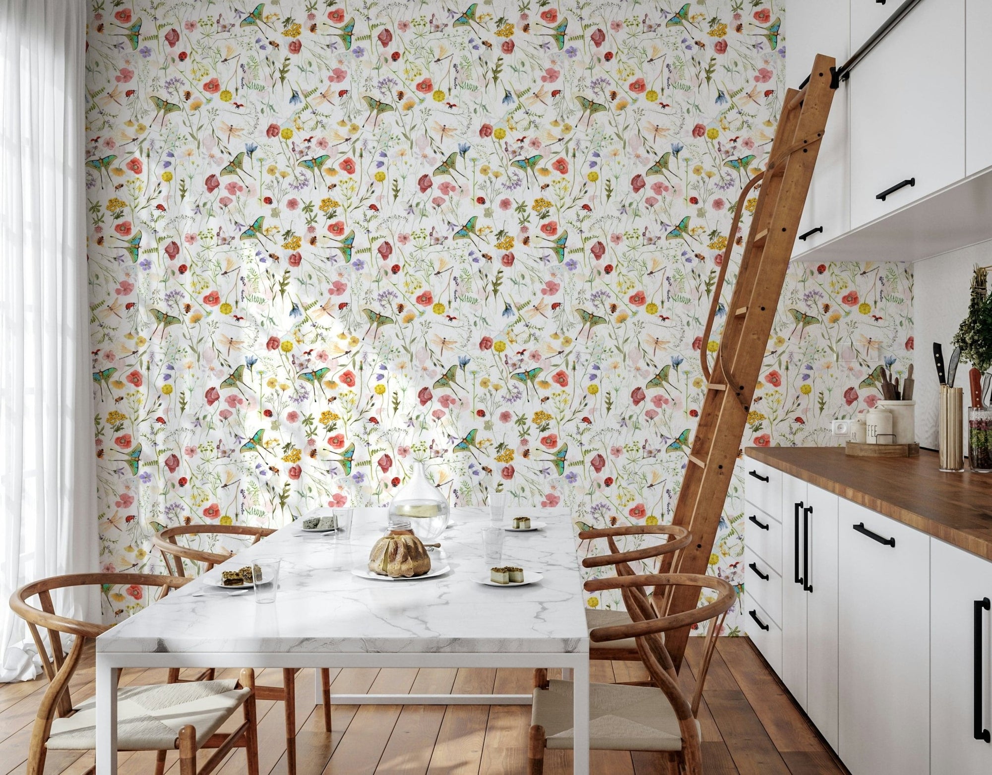 Vintage Watercolor Meadow wallpaper for walls. Wildflowers and butterflies design.
