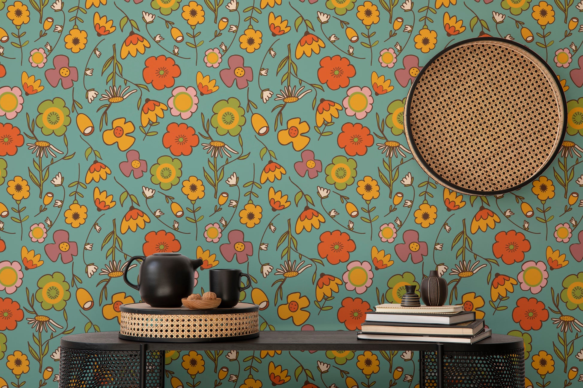 Retro Wild Floral Blue Wallpaper for stylish rooms