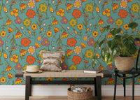 Wild floral vintage blue wallpaper for interiors