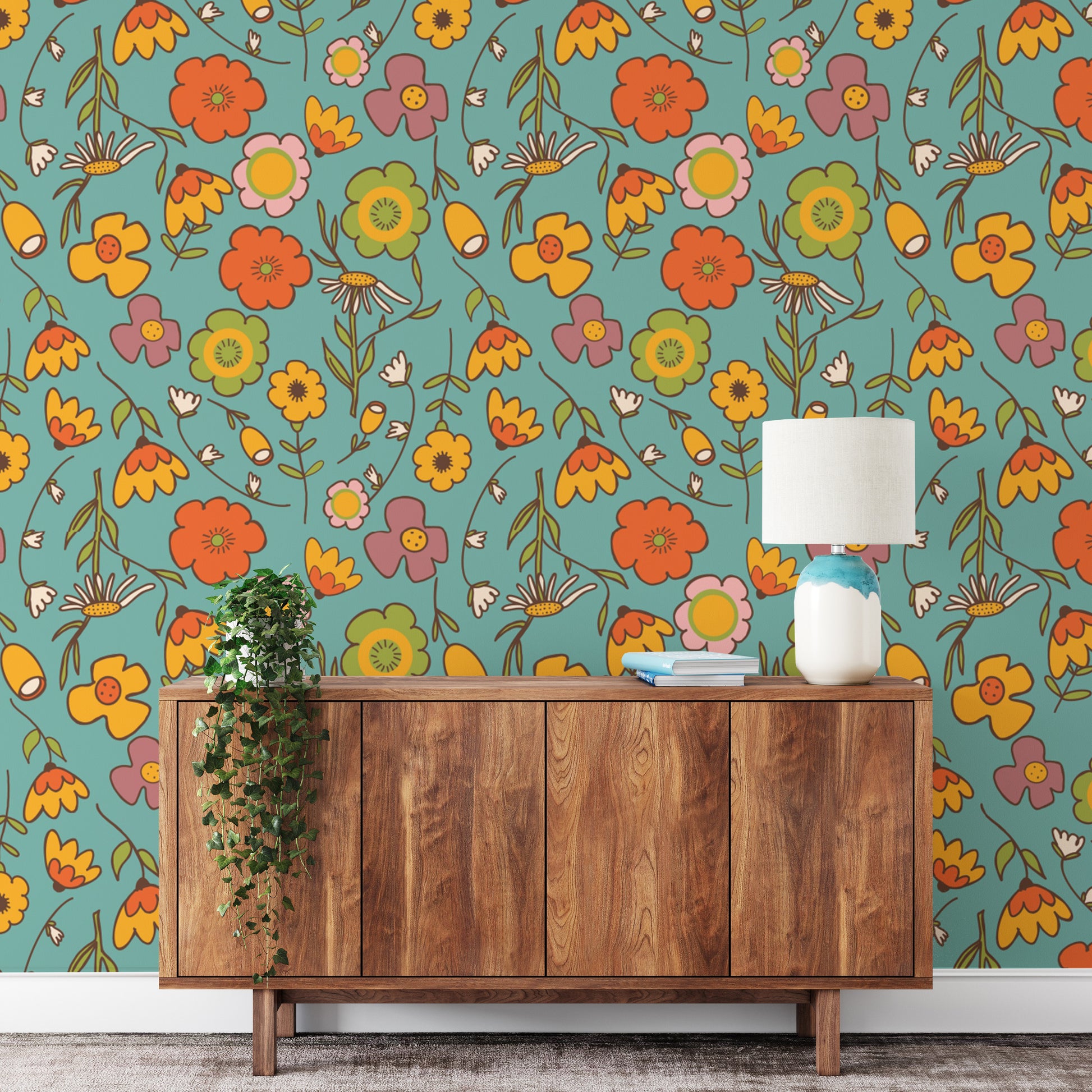 Floral blue vintage wallpaper design for walls