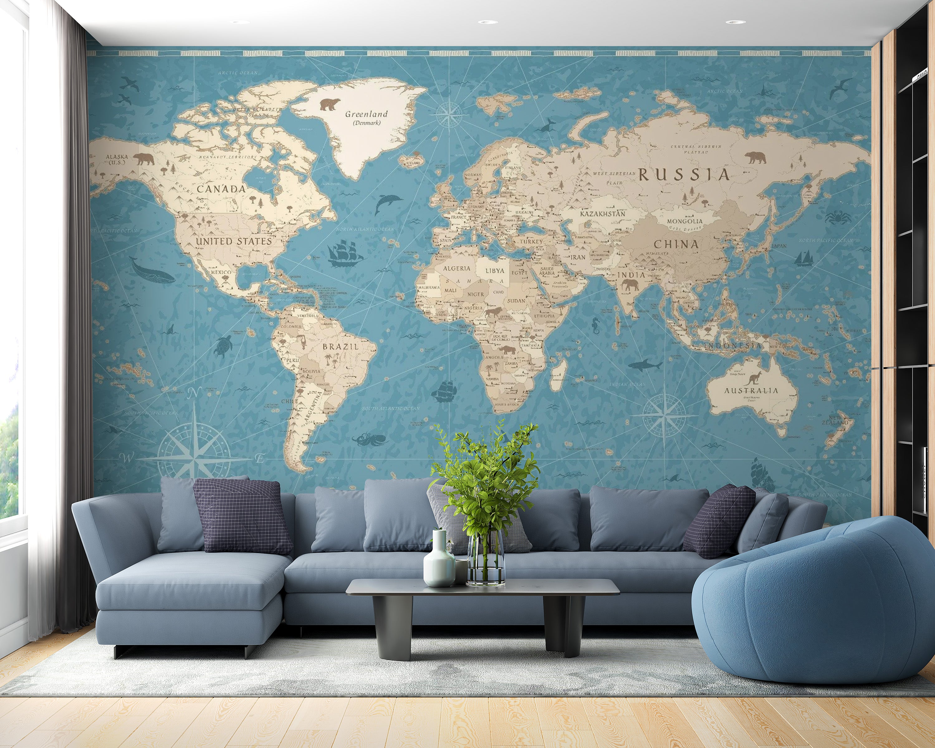 Vintage World Map Mural | Blue Oasis Adventure Design