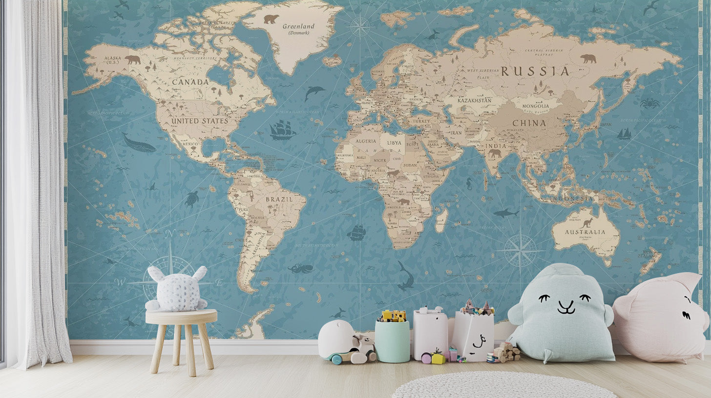 Vintage World Map Mural | Blue Oasis Adventure Design