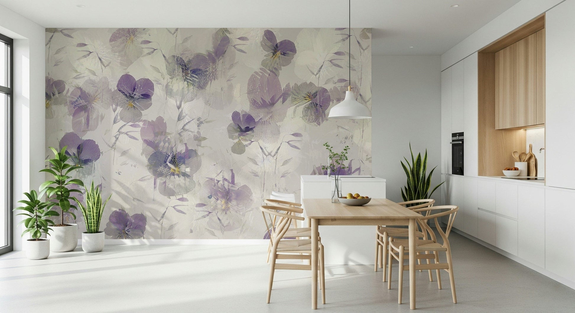 A graceful subtle flower wall mural in soft, violet tones.

