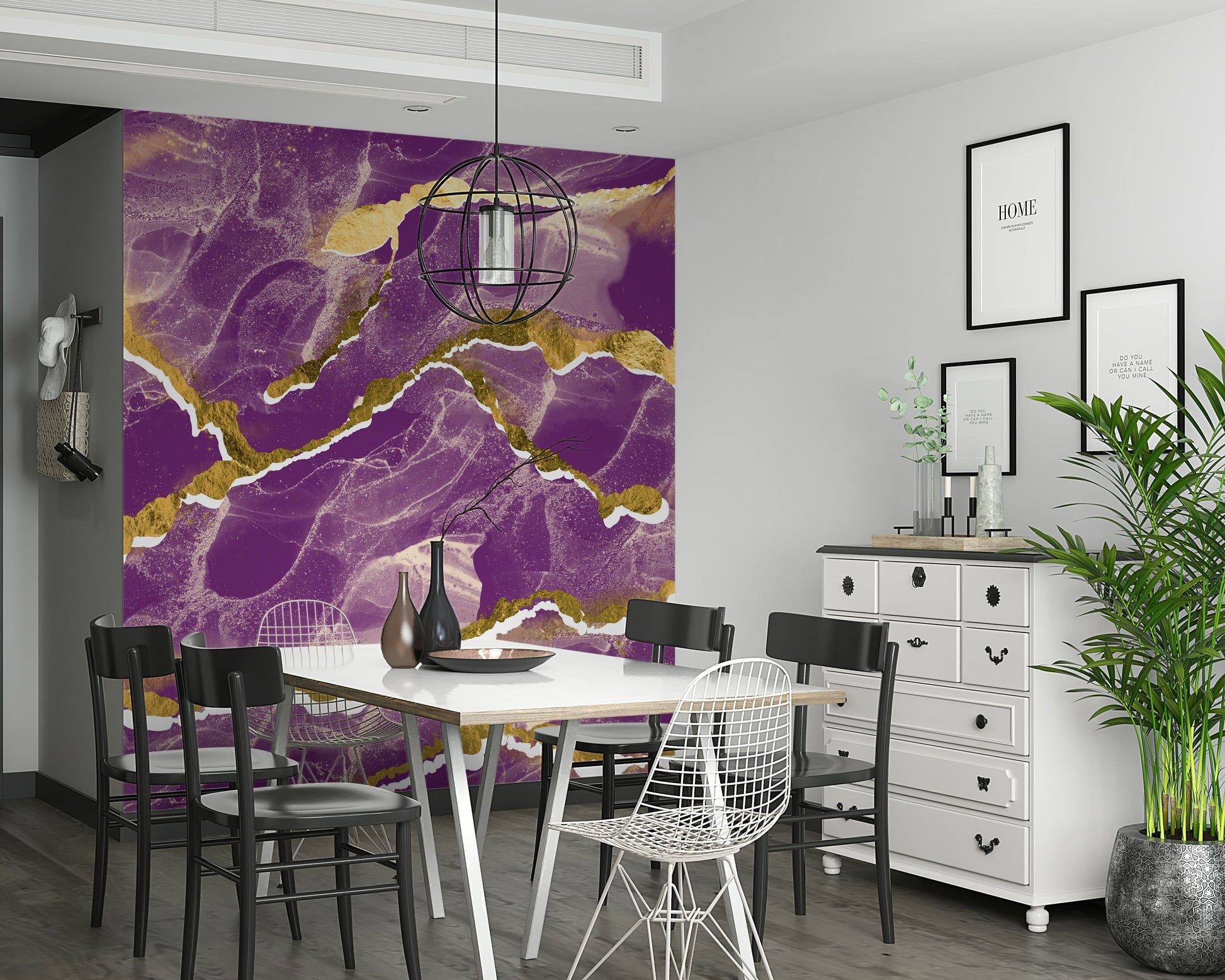 Luxe violet Marble Wallpaper mural featuring an abstract design with striking golden veins.