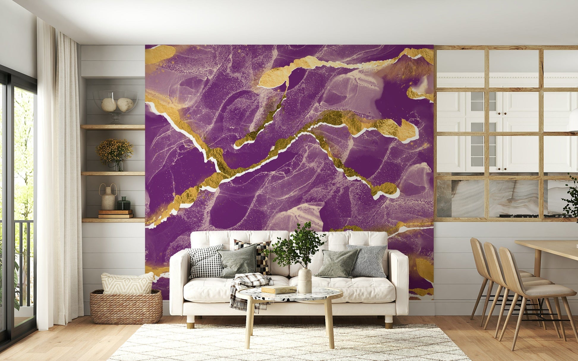 Elegant Marble Wallpaper in a deep cosmic violet, highlighted by sophisticated golden veins for a modern interior.