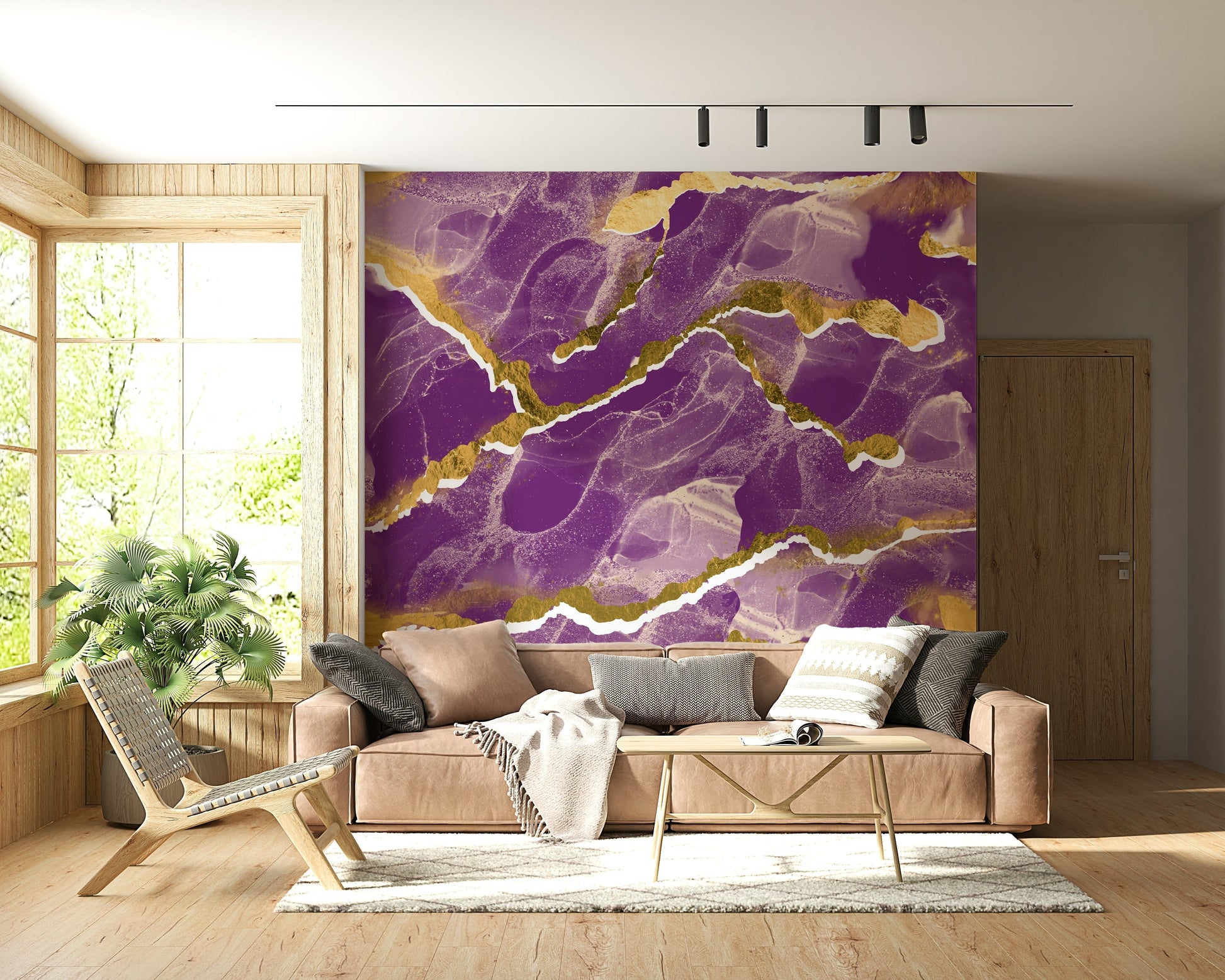 Modern Luxe Abstract Wall Mural with a deep violet and golden vein Marble Wallpaper design.