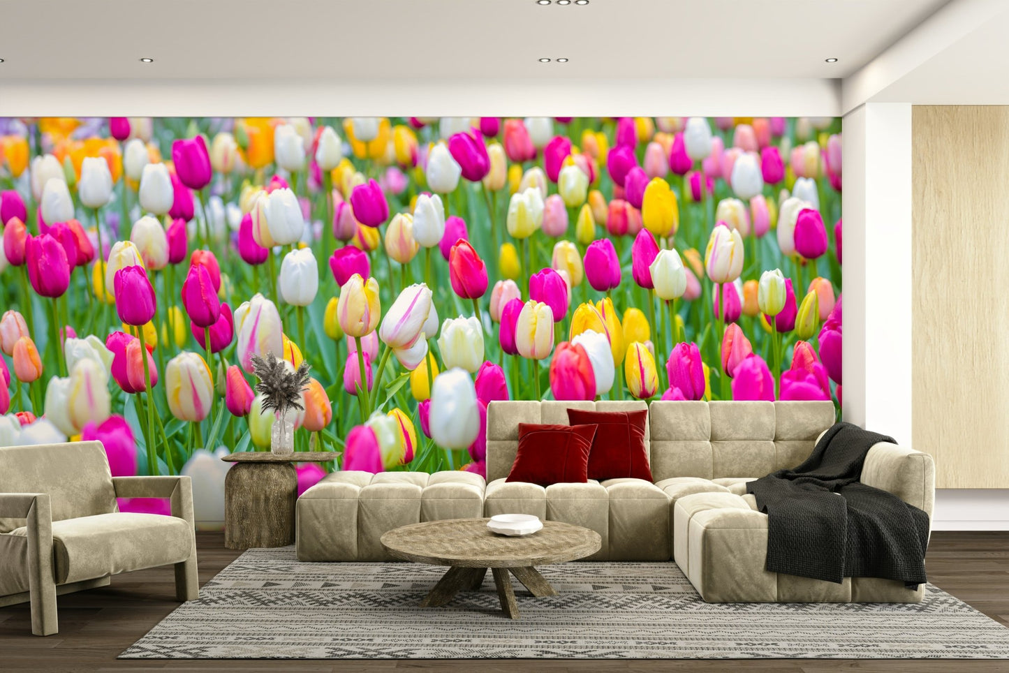 The wallpaper is perfect for a peaceful space.

