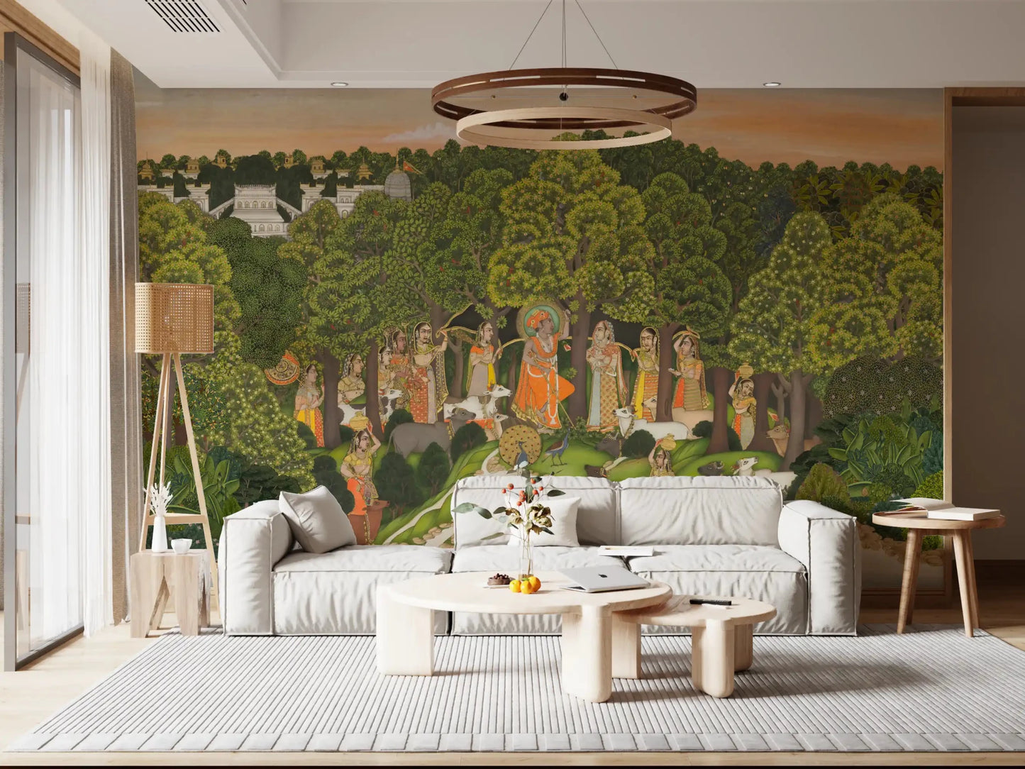 Cultural Krishna forest gathering wall mural used in office space
