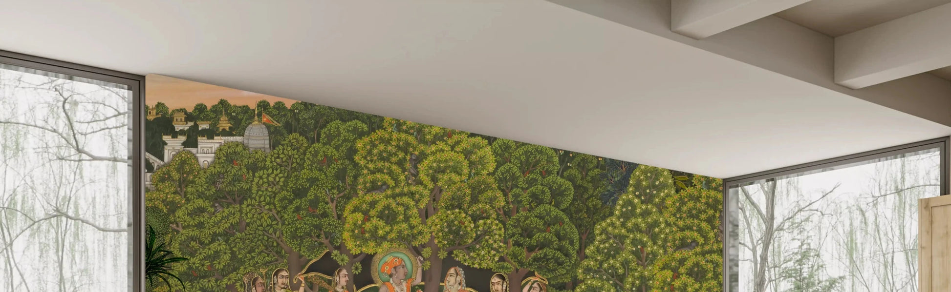 Vrindavan Forest Gathering wall mural with cows peacocks trees