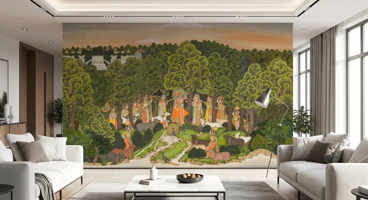 Vrindavan Forest Gathering wall mural shown in living room interior