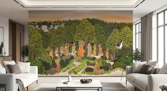 Vrindavan Forest Gathering wall mural shown in living room interior