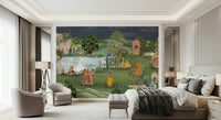 Vrindavan Vihar wall mural in living room behind sofa