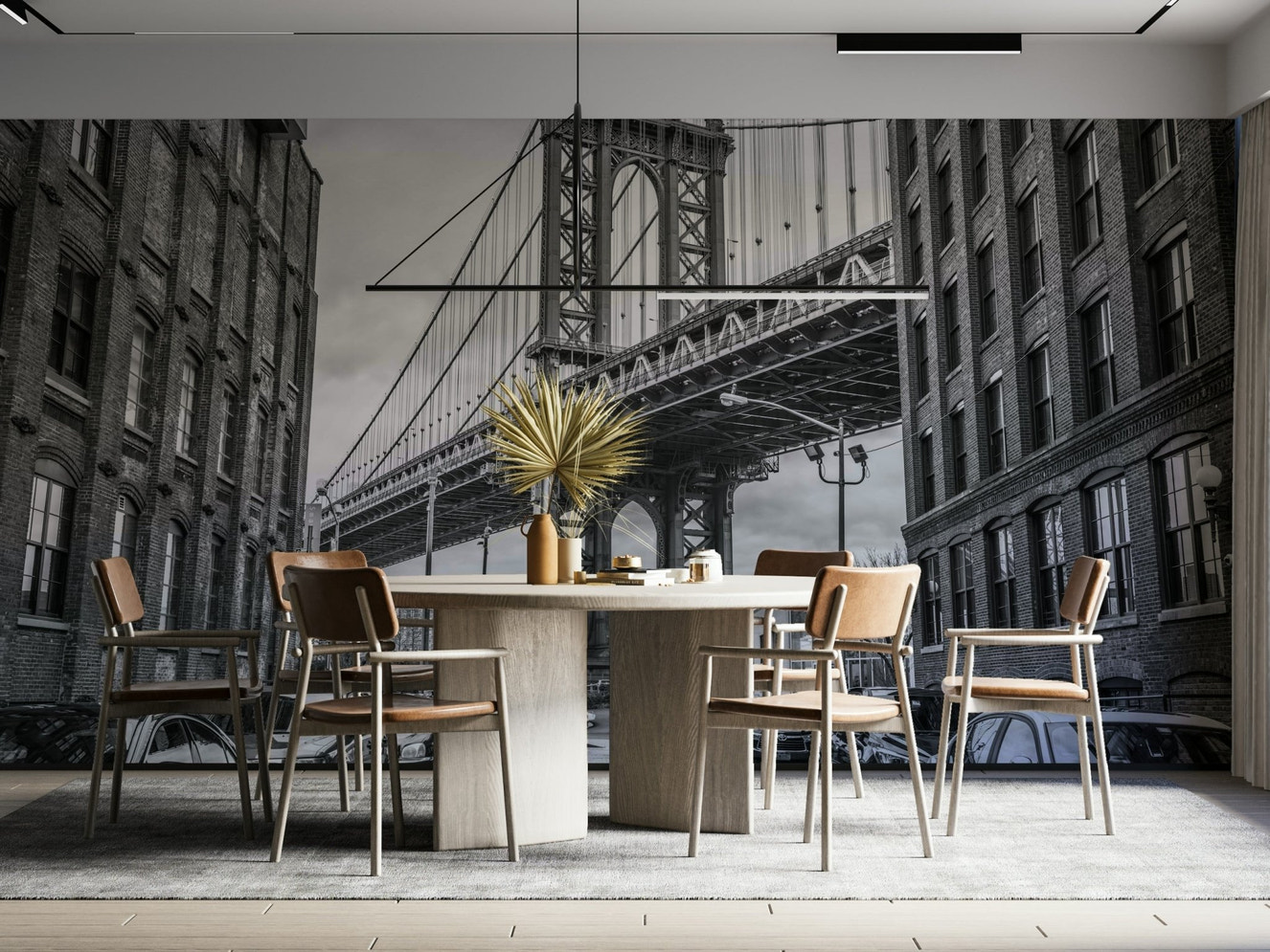 The sky is overcast, creating a dramatic urban atmosphere.

