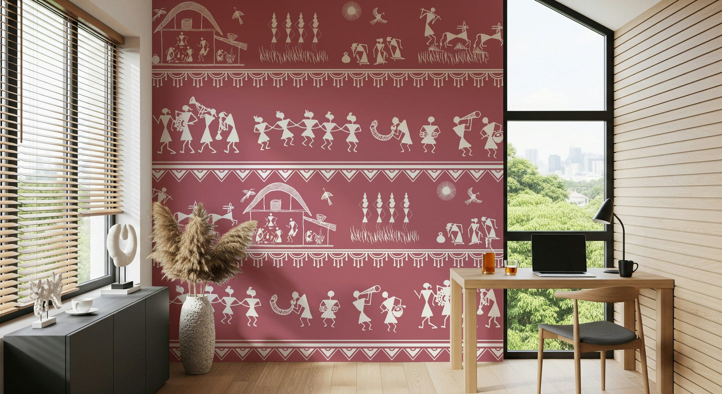 Warli art wall mural depicting harvest, music, and community scenes