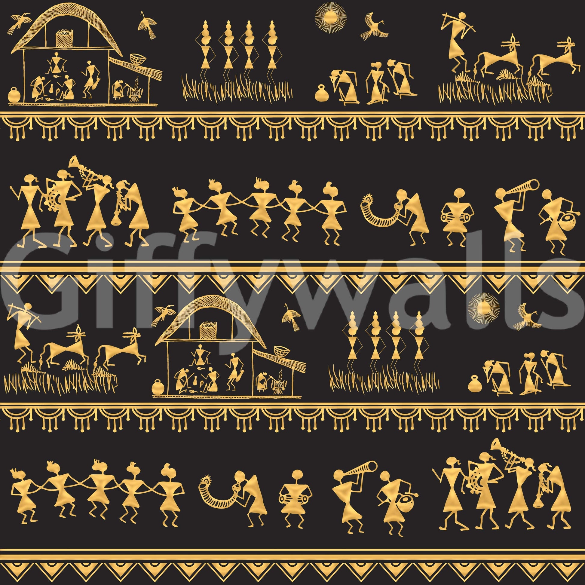 Indian tribal wall mural featuring classic Warli art figures