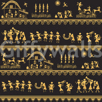 Indian tribal wall mural featuring classic Warli art figures
