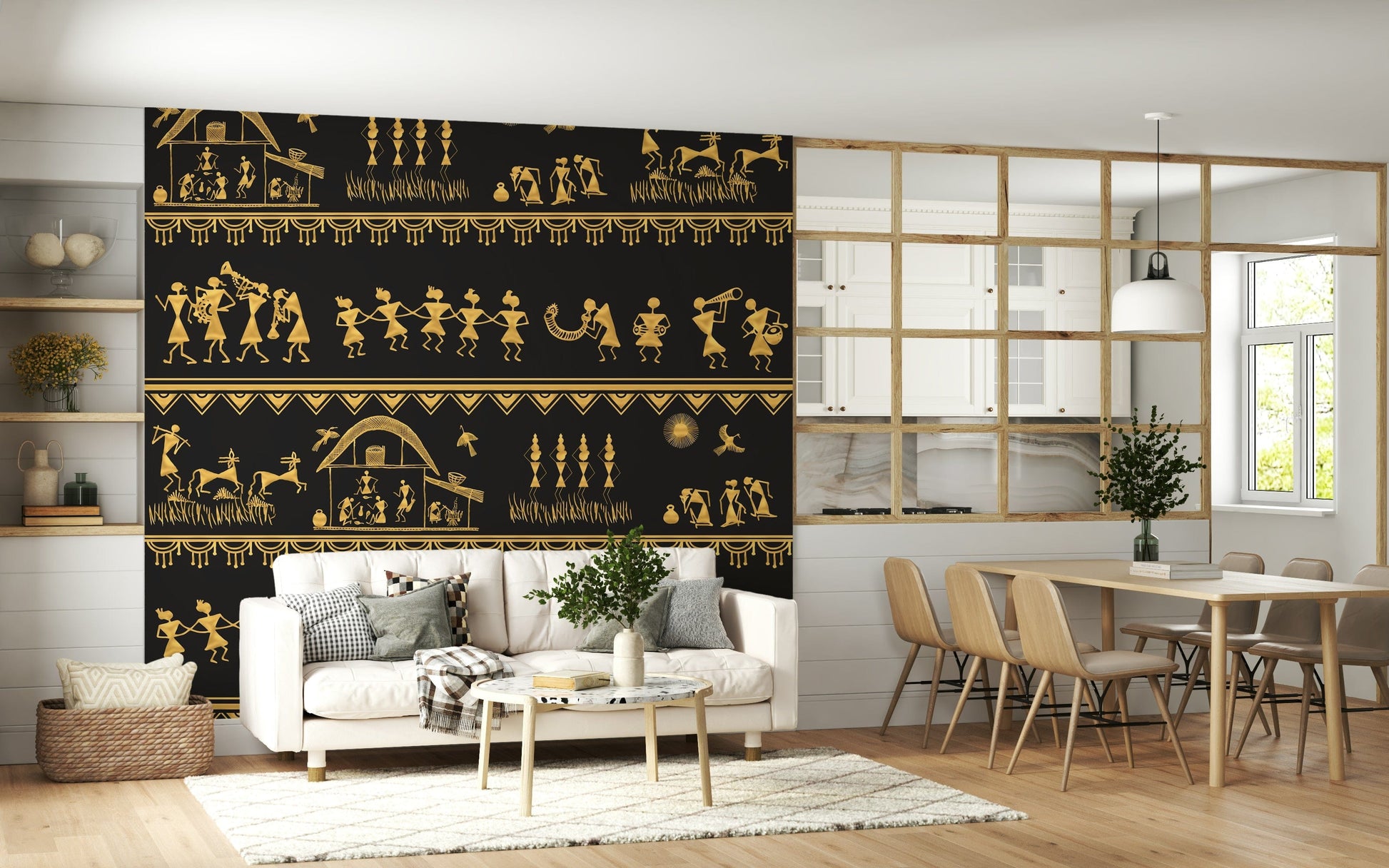 Folk art wall mural inspired by Warli traditions and daily life