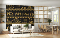Folk art wall mural inspired by Warli traditions and daily life